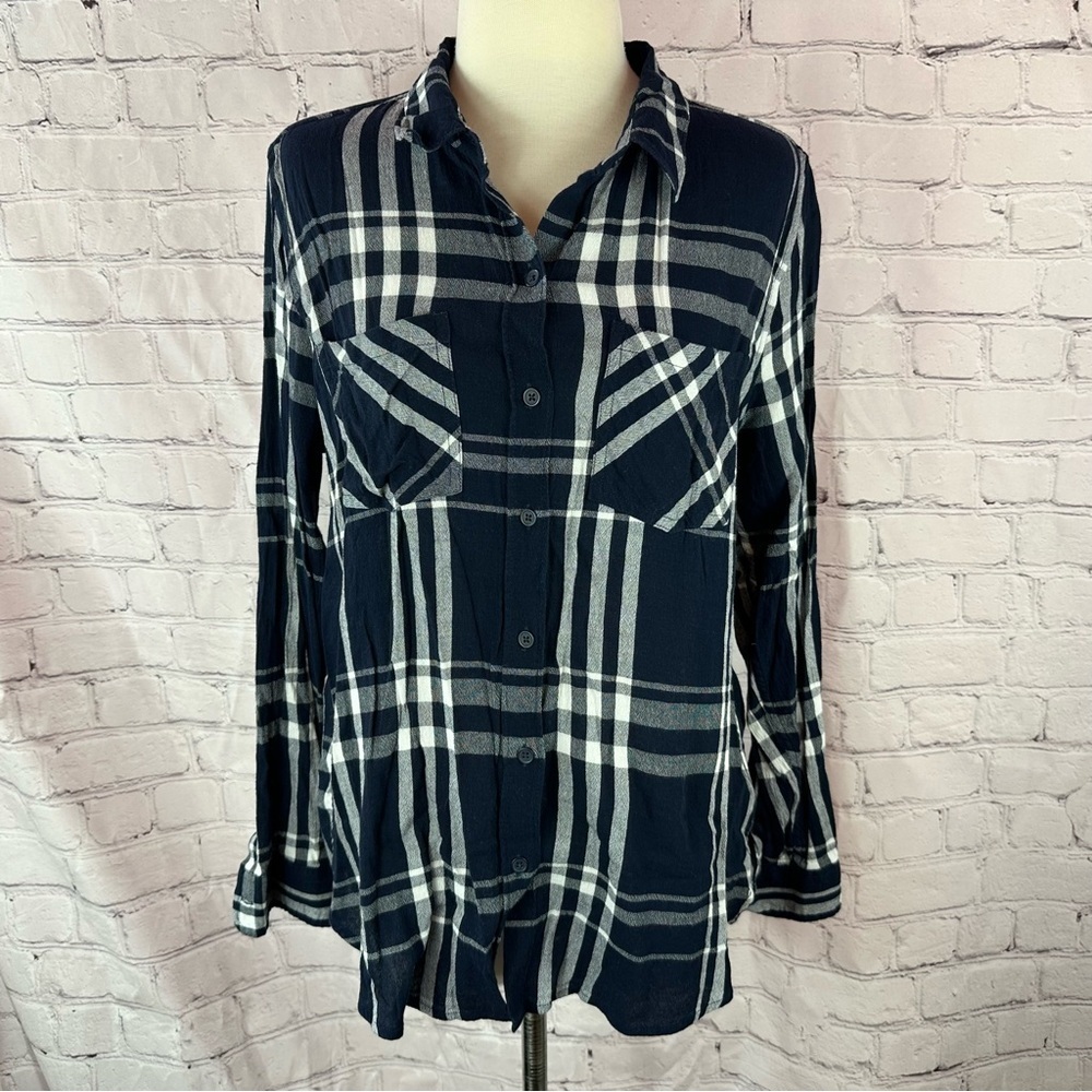 Lucky Brand Navy Plaid Button-Down tunic Shirt womens L business casual layering